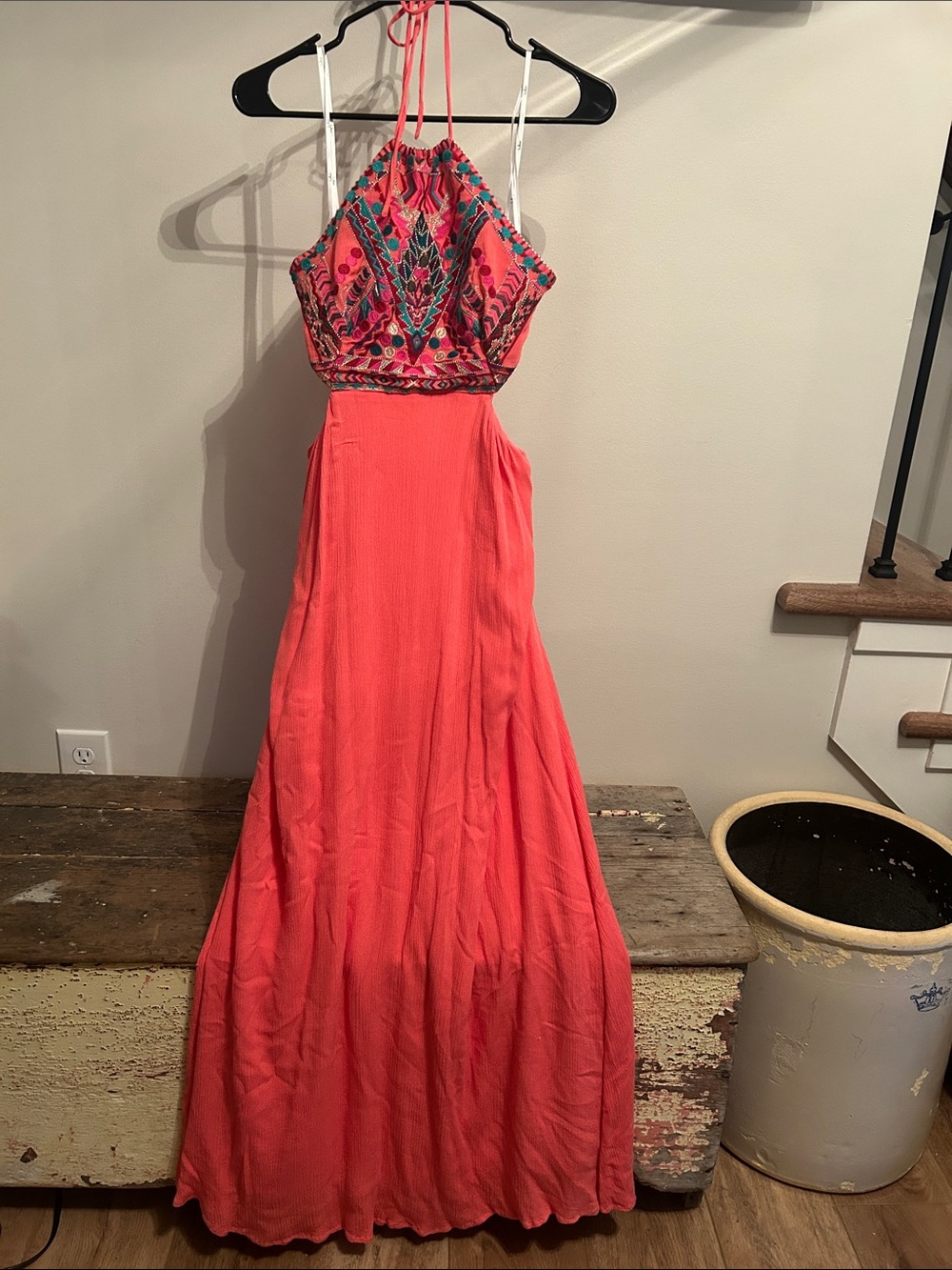 Lulu's Coral Halter Maxi Dress with Embroidered Bodice